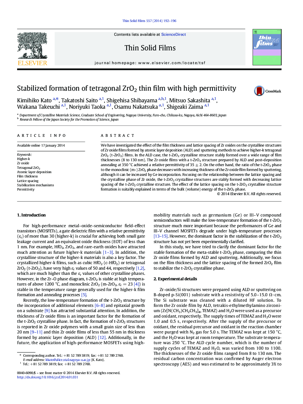 Stabilized formation of tetragonal ZrO2 thin film with high permittivity