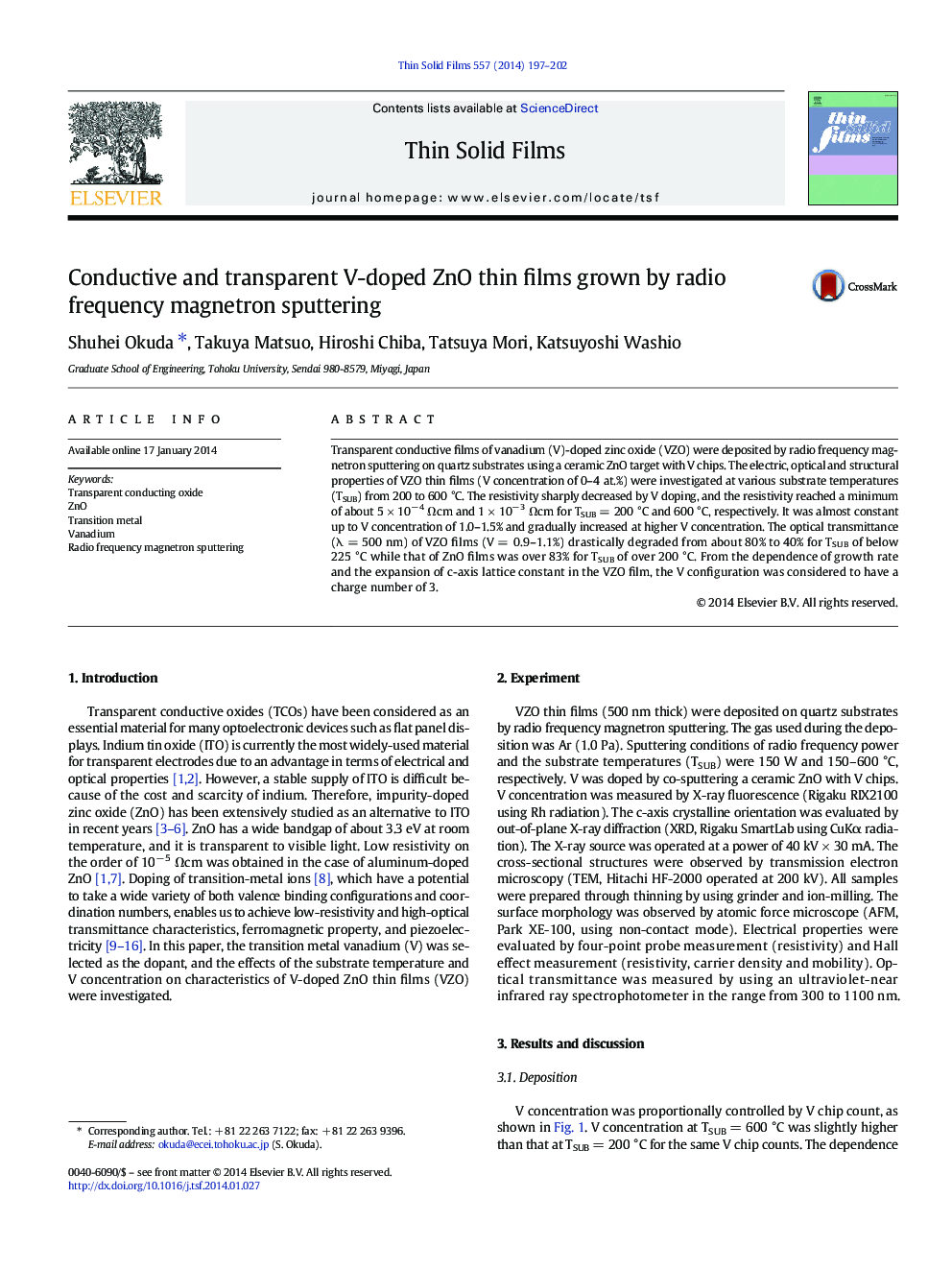 Conductive and transparent V-doped ZnO thin films grown by radio frequency magnetron sputtering