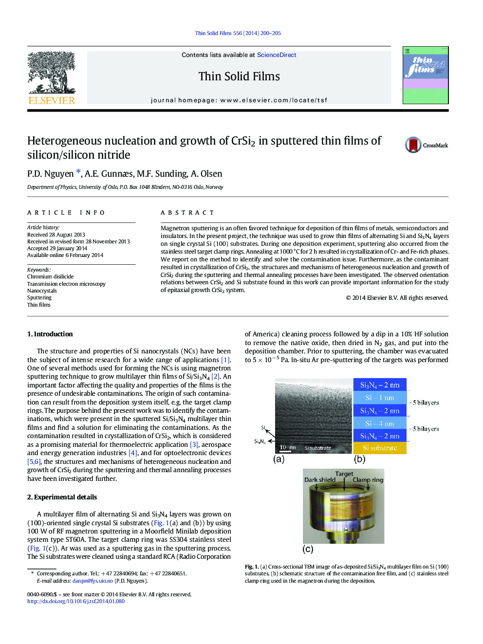 Heterogeneous nucleation and growth of CrSi2 in sputtered thin films of silicon/silicon nitride