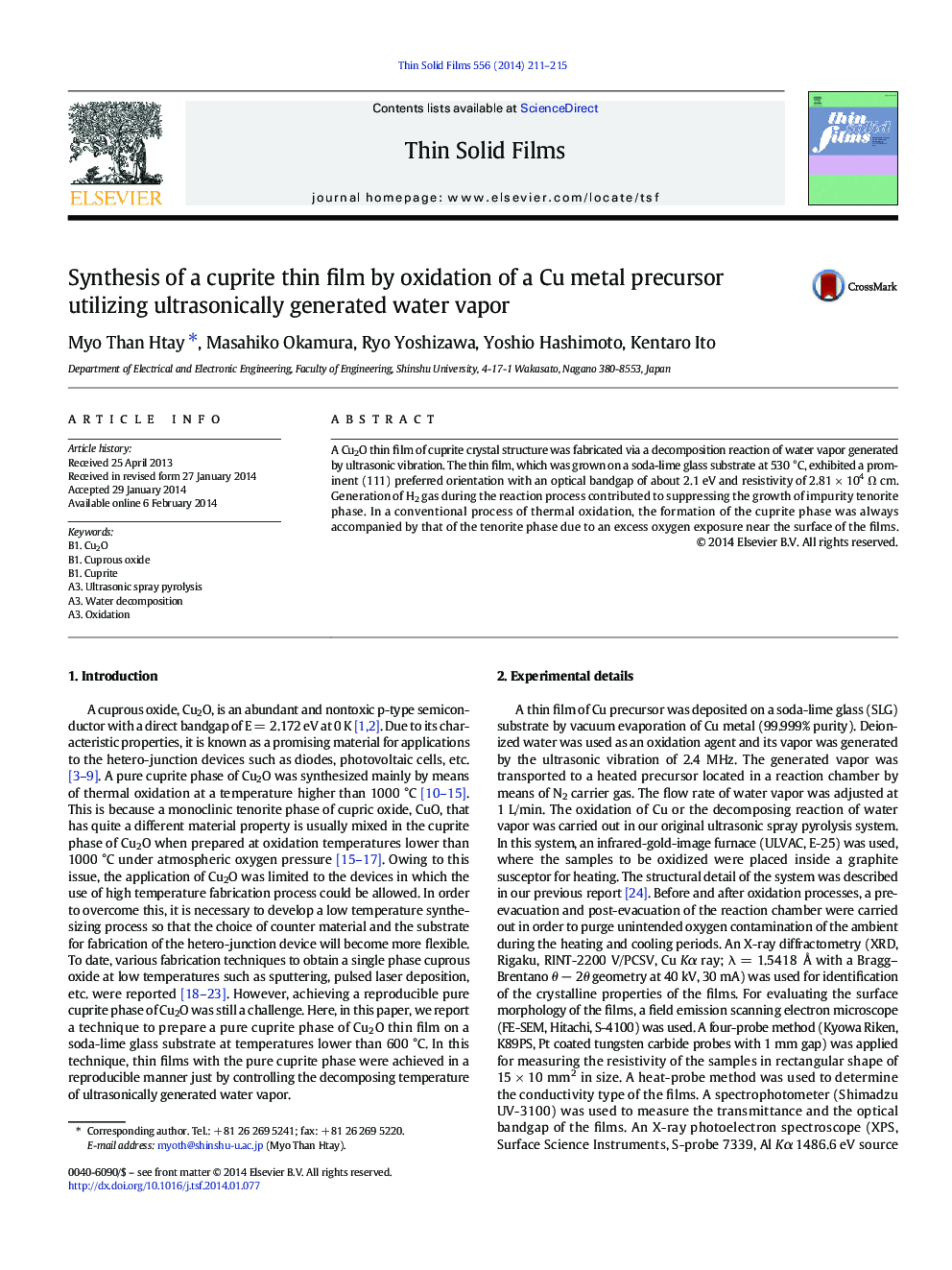 Synthesis of a cuprite thin film by oxidation of a Cu metal precursor utilizing ultrasonically generated water vapor