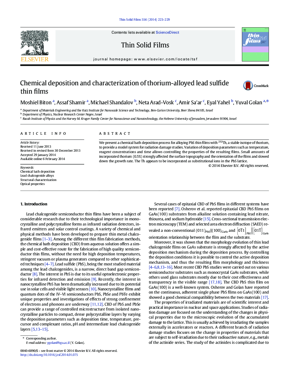 Chemical deposition and characterization of thorium-alloyed lead sulfide thin films