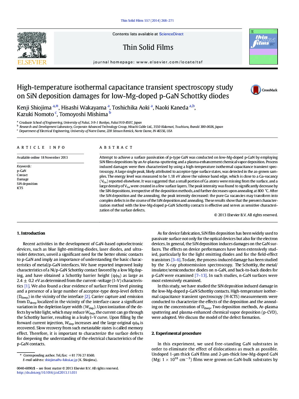 High-temperature isothermal capacitance transient spectroscopy study on SiN deposition damages for low-Mg-doped p-GaN Schottky diodes