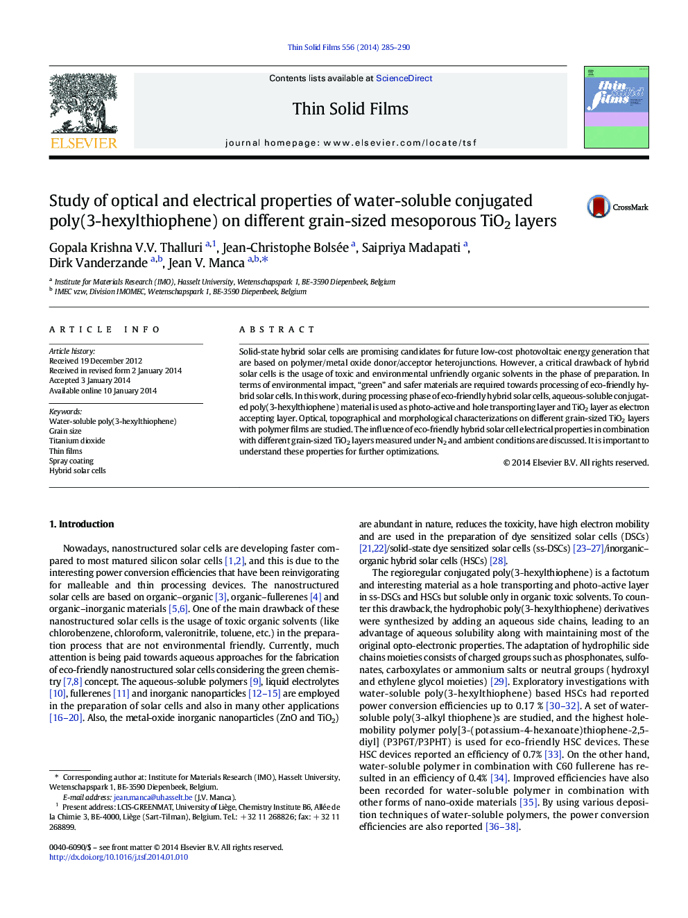 Study of optical and electrical properties of water-soluble conjugated poly(3-hexylthiophene) on different grain-sized mesoporous TiO2 layers