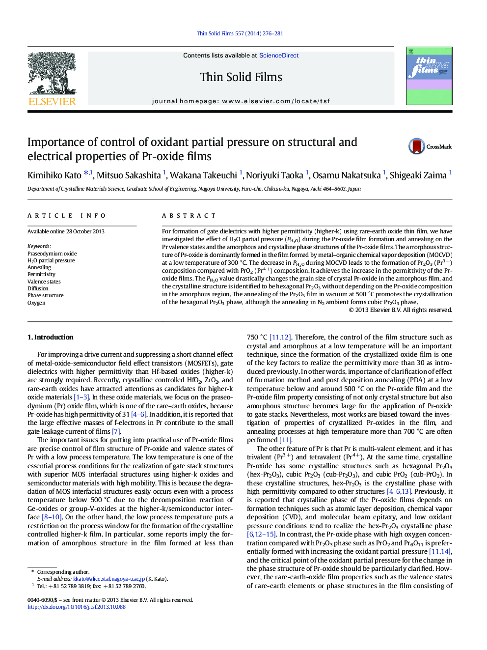 Importance of control of oxidant partial pressure on structural and electrical properties of Pr-oxide films