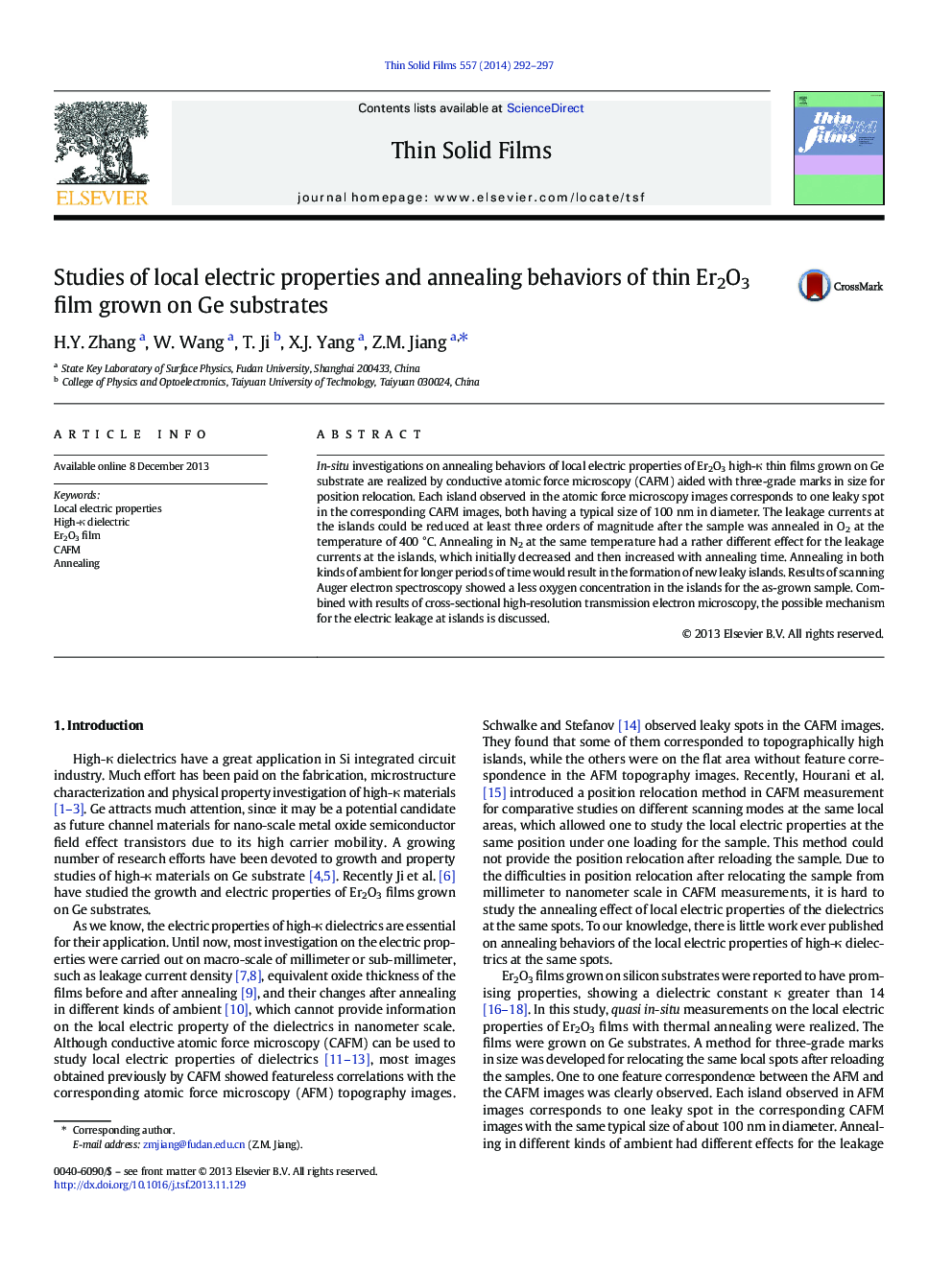 Studies of local electric properties and annealing behaviors of thin Er2O3 film grown on Ge substrates