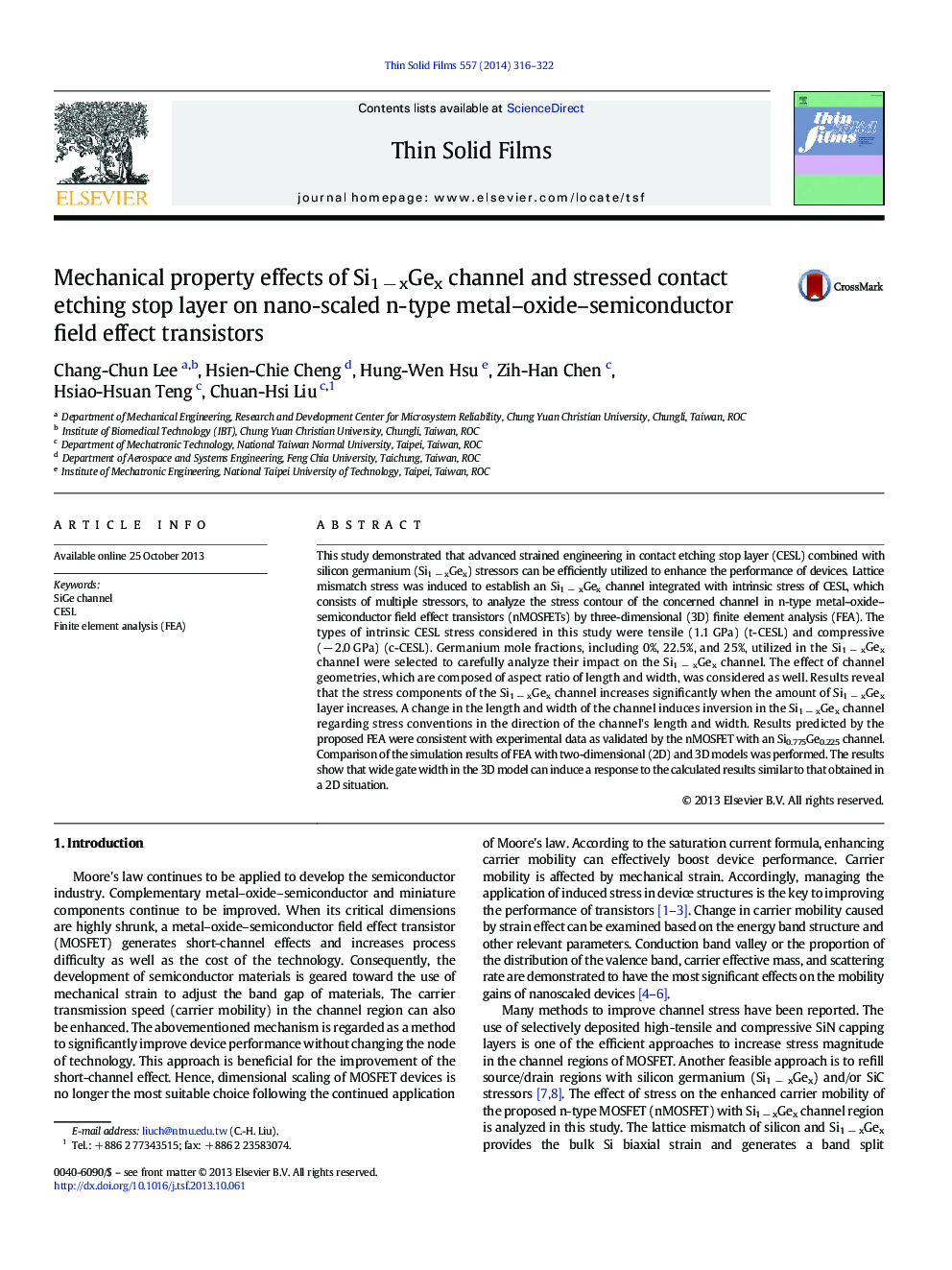 Mechanical property effects of Si1Â âÂ xGex channel and stressed contact etching stop layer on nano-scaled n-type metal-oxide-semiconductor field effect transistors