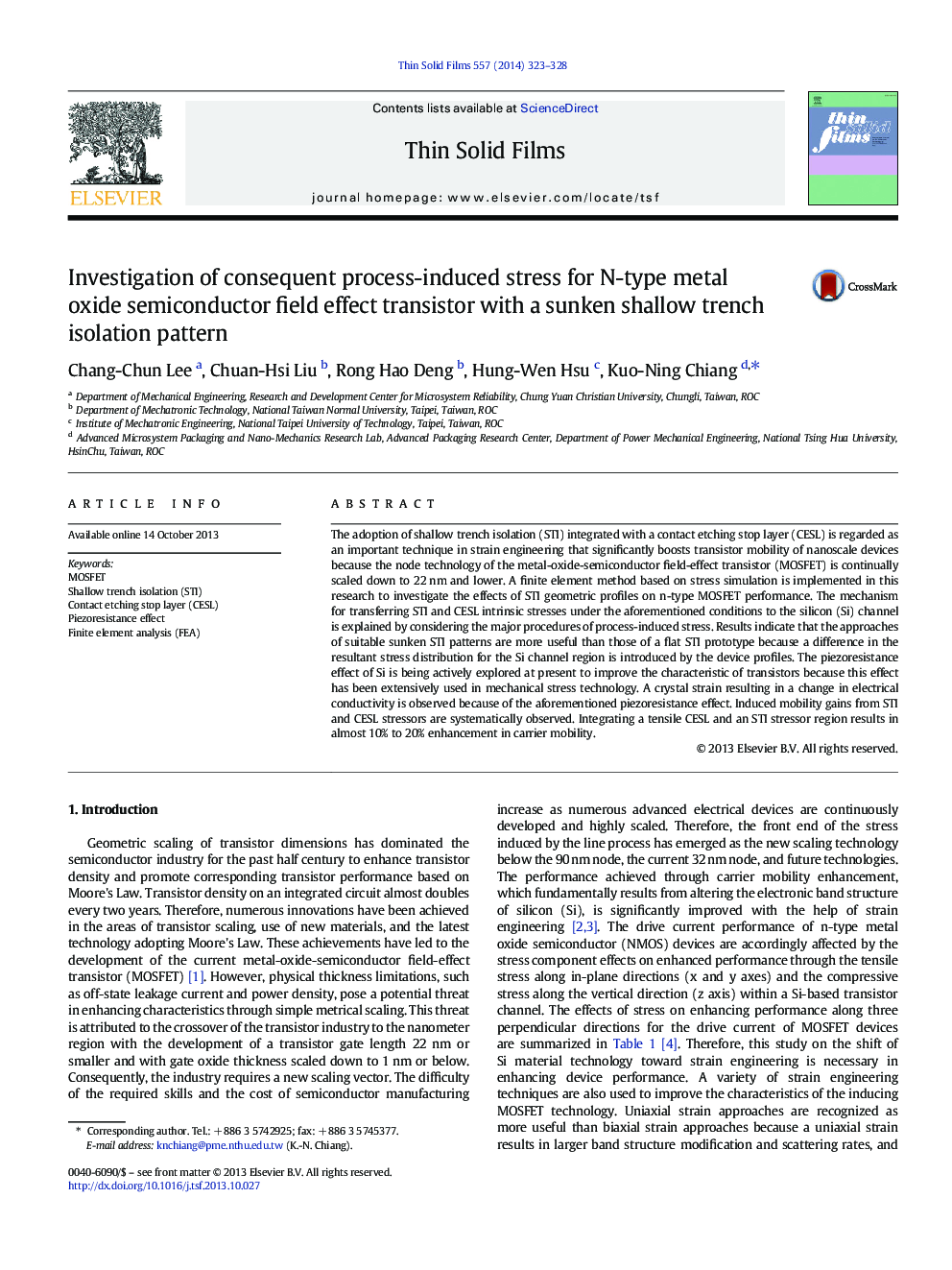 Investigation of consequent process-induced stress for N-type metal oxide semiconductor field effect transistor with a sunken shallow trench isolation pattern