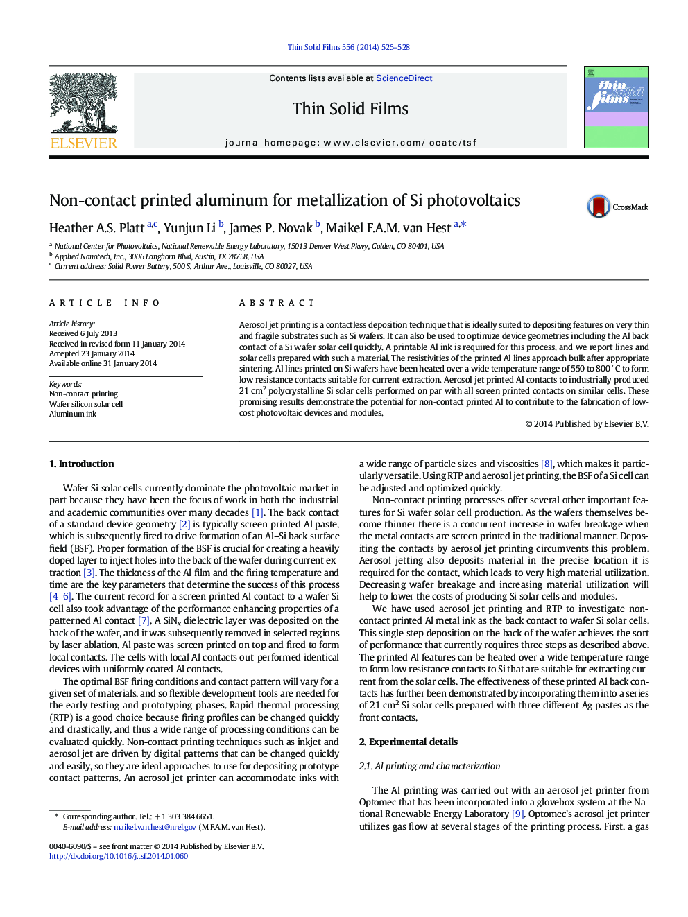 Non-contact printed aluminum for metallization of Si photovoltaics