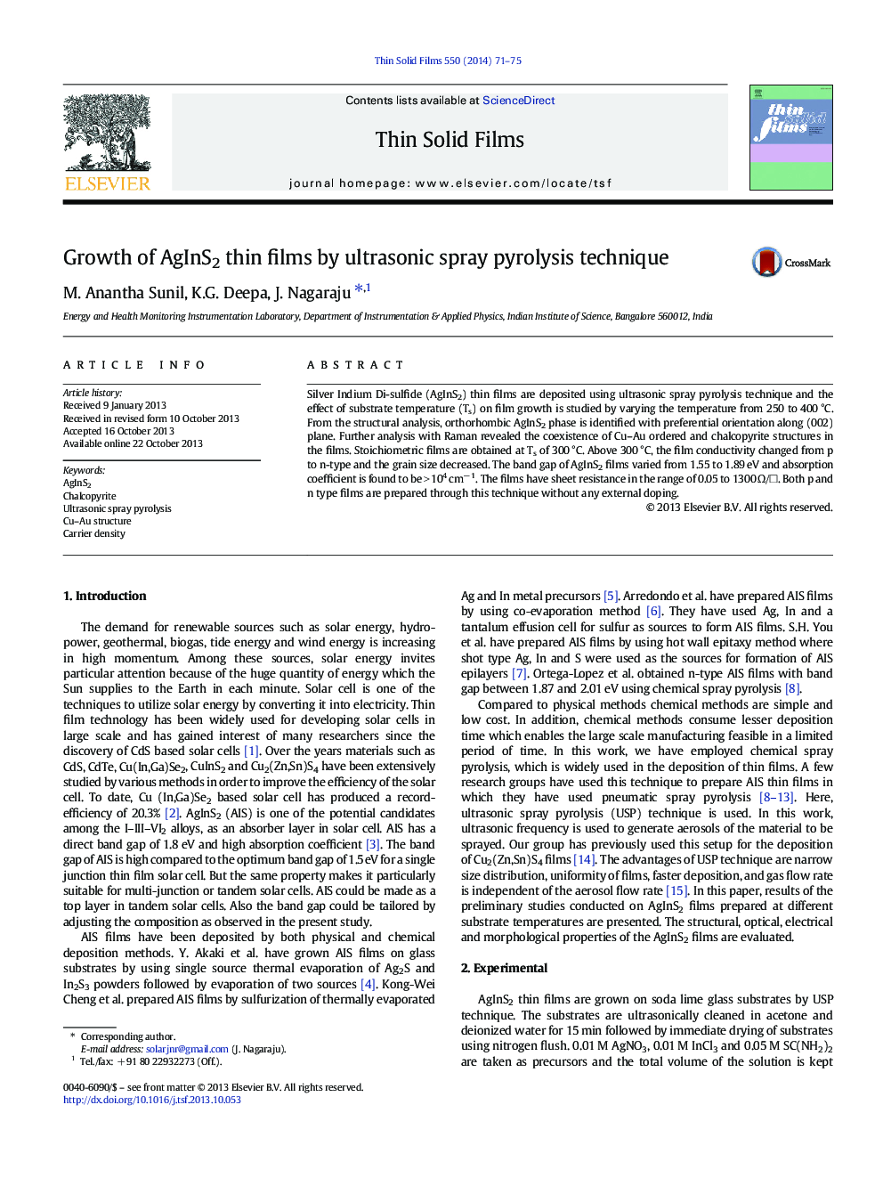 Growth of AgInS2 thin films by ultrasonic spray pyrolysis technique