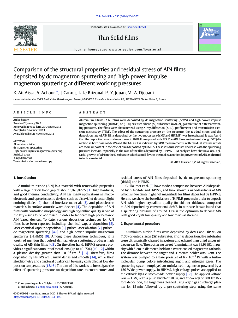 Comparison of the structural properties and residual stress of AlN films deposited by dc magnetron sputtering and high power impulse magnetron sputtering at different working pressures