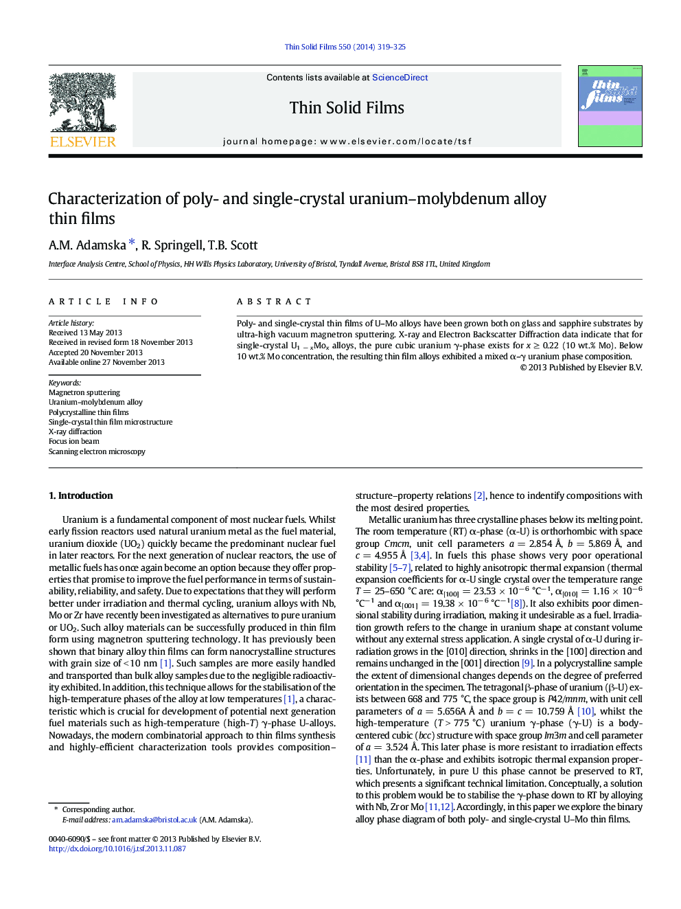 Characterization of poly- and single-crystal uranium-molybdenum alloy thin films