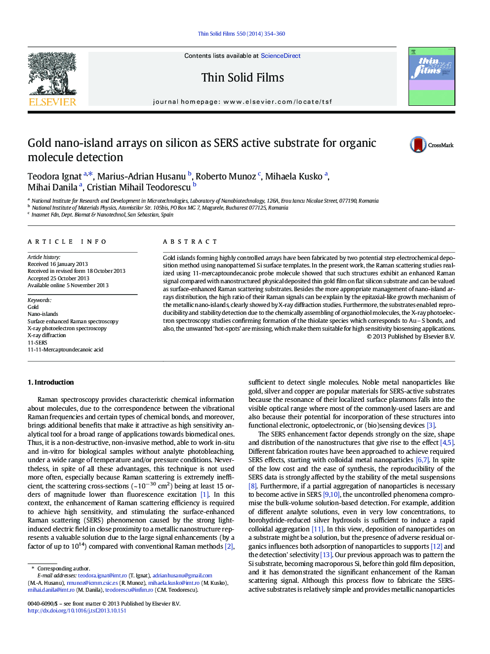 Gold nano-island arrays on silicon as SERS active substrate for organic molecule detection