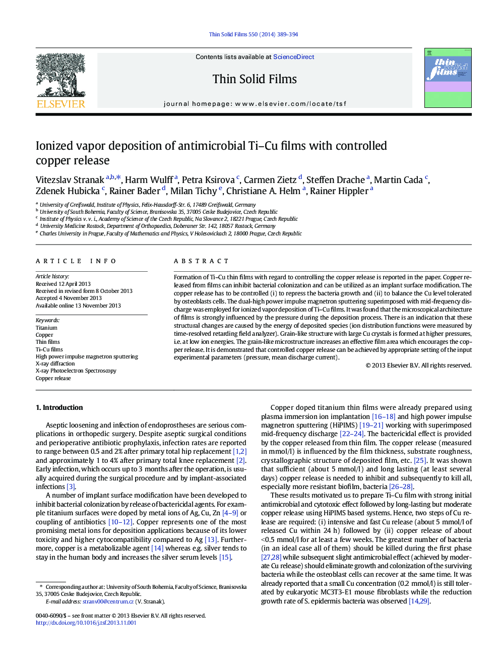 Ionized vapor deposition of antimicrobial Ti-Cu films with controlled copper release