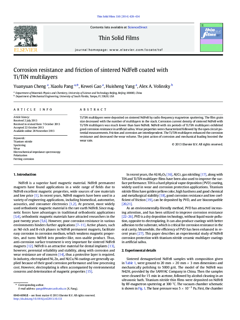 Corrosion resistance and friction of sintered NdFeB coated with Ti/TiN multilayers