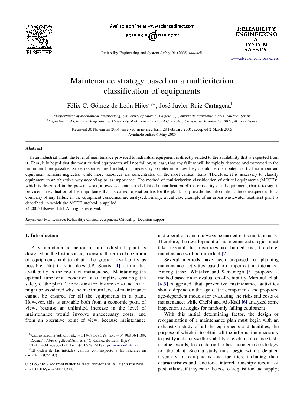 Maintenance strategy based on a multicriterion classification of equipments