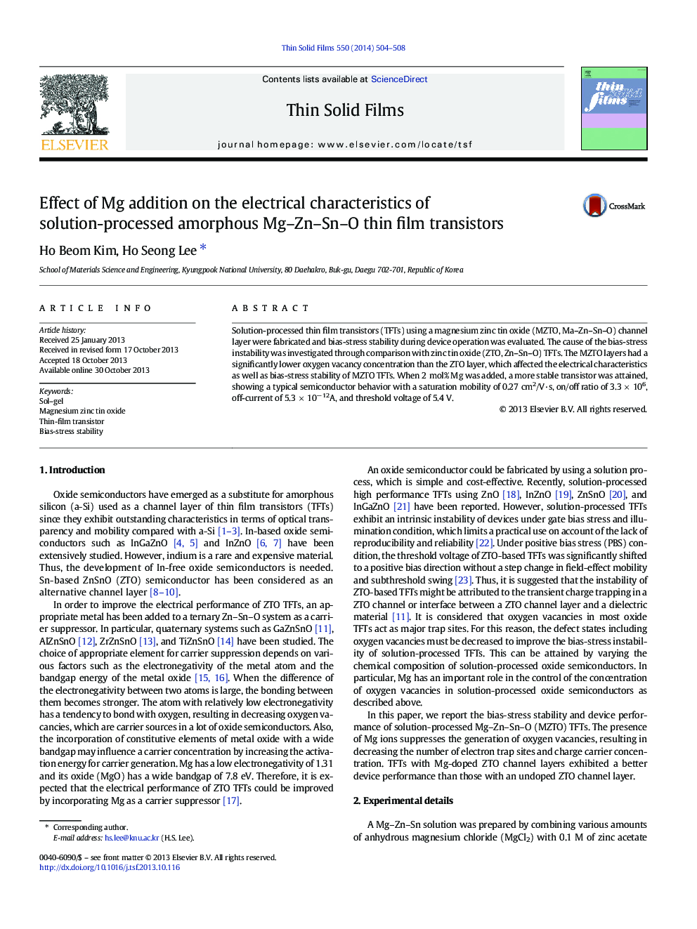 Effect of Mg addition on the electrical characteristics of solution-processed amorphous Mg-Zn-Sn-O thin film transistors