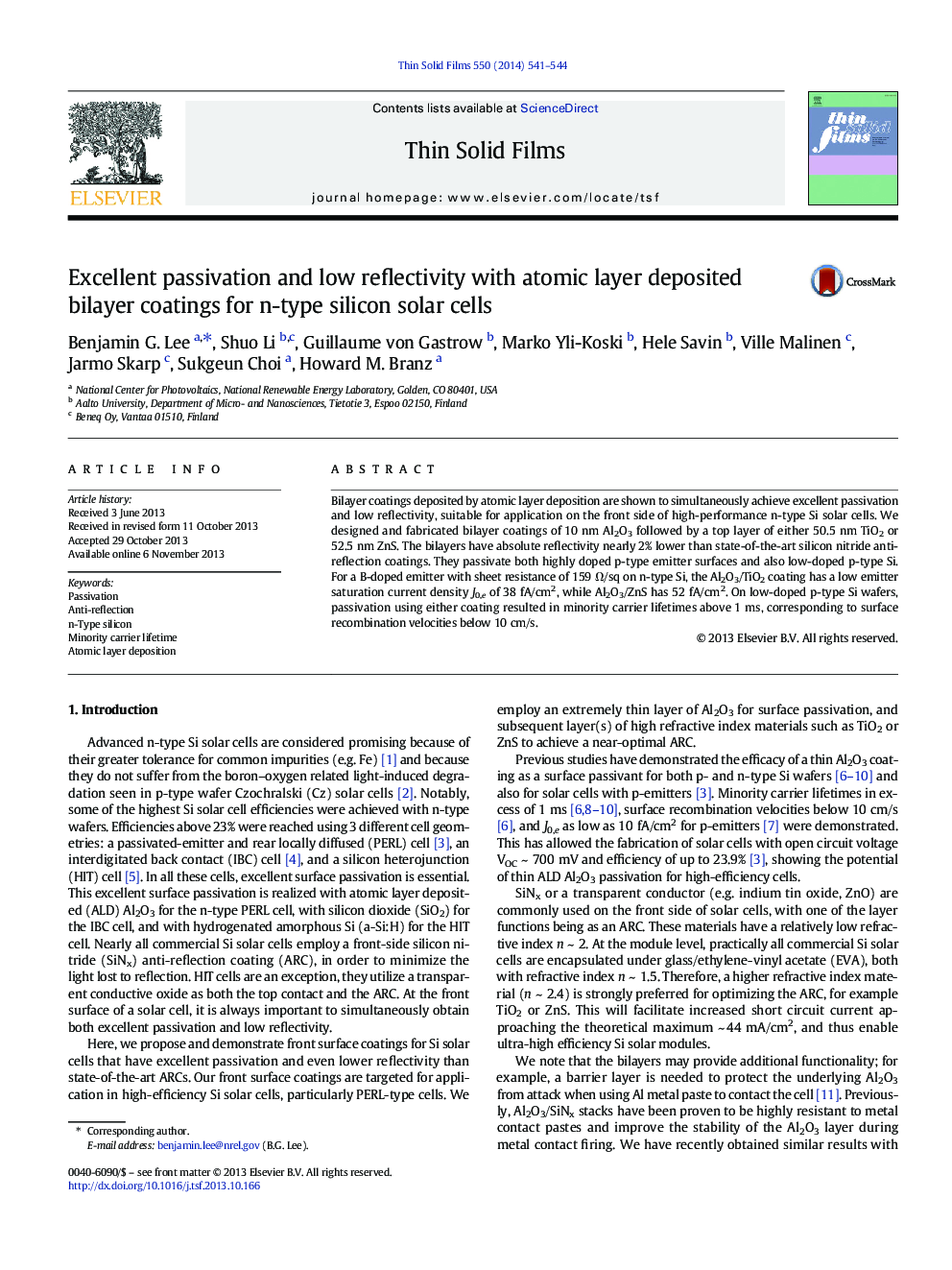 Excellent passivation and low reflectivity with atomic layer deposited bilayer coatings for n-type silicon solar cells