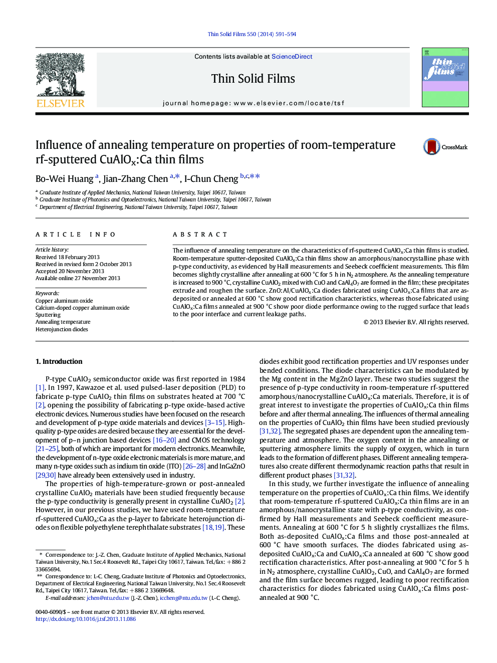 Influence of annealing temperature on properties of room-temperature rf-sputtered CuAlOx:Ca thin films