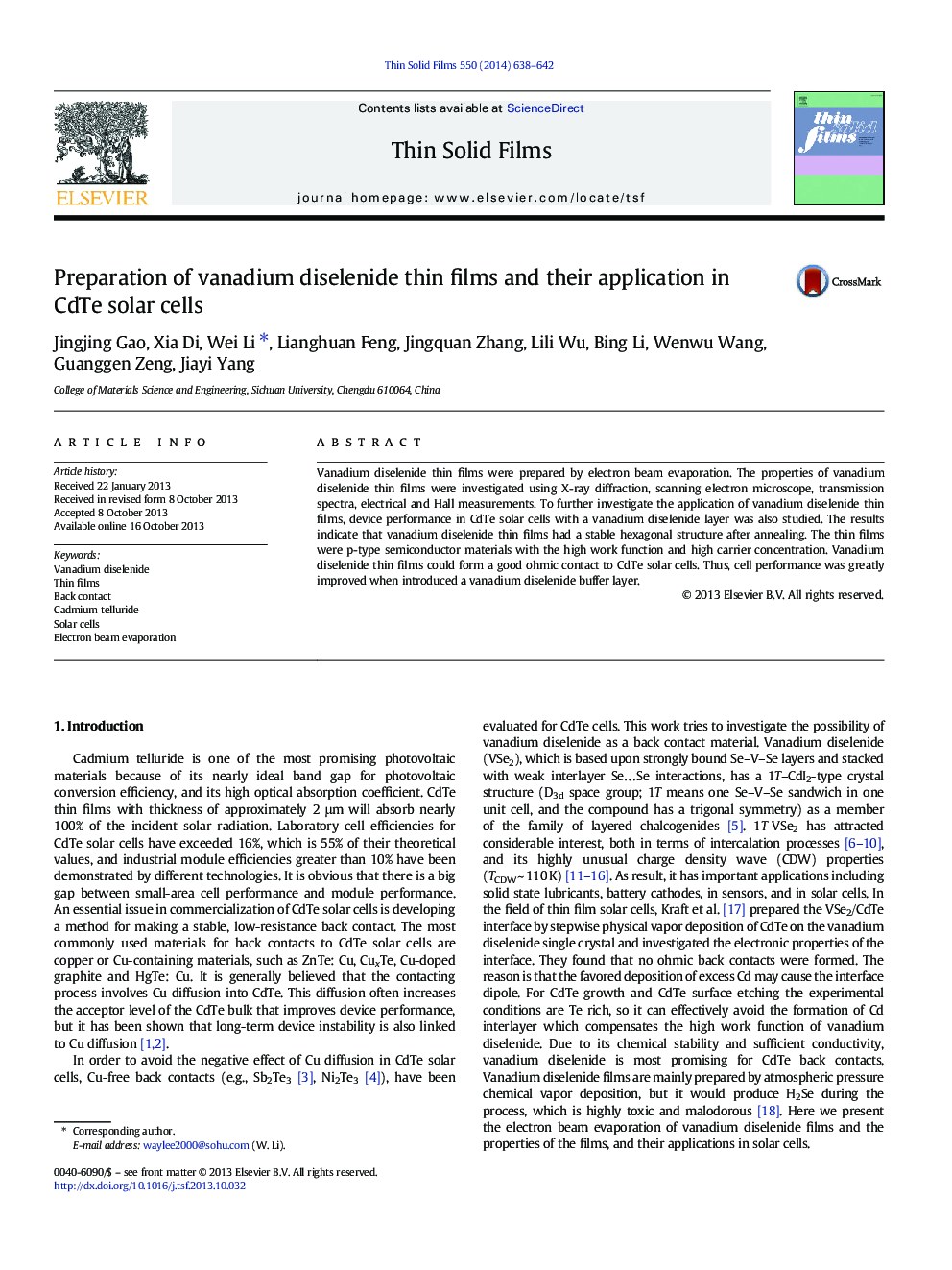 Preparation of vanadium diselenide thin films and their application in CdTe solar cells