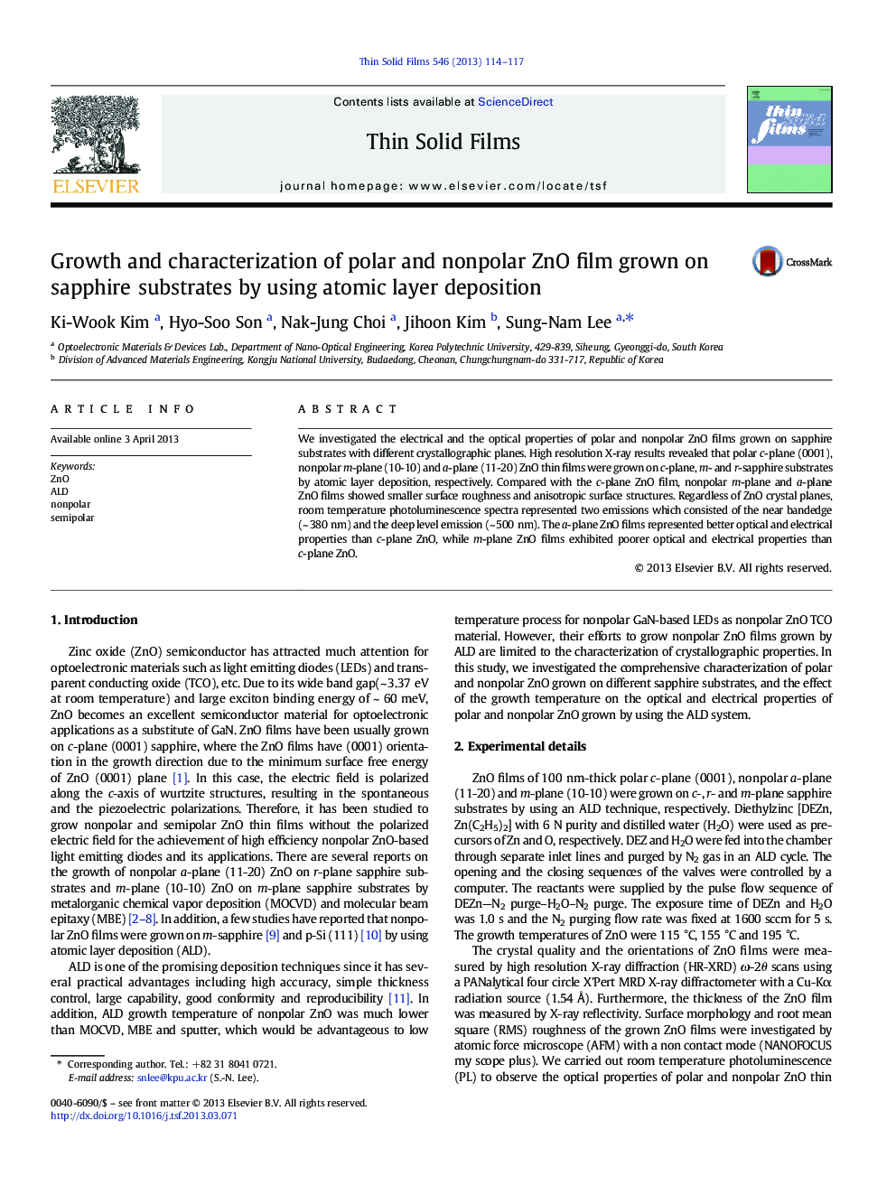 Growth and characterization of polar and nonpolar ZnO film grown on sapphire substrates by using atomic layer deposition