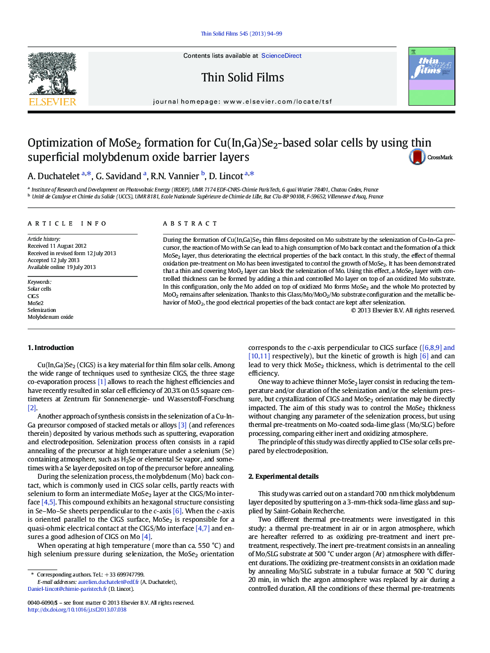 Optimization of MoSe2 formation for Cu(In,Ga)Se2-based solar cells by using thin superficial molybdenum oxide barrier layers