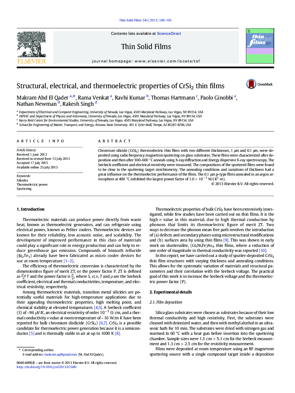 Structural, electrical, and thermoelectric properties of CrSi2 thin films