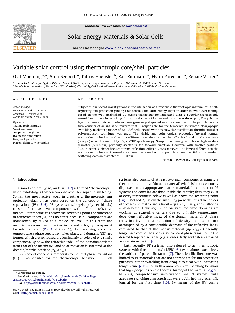 Variable solar control using thermotropic core/shell particles