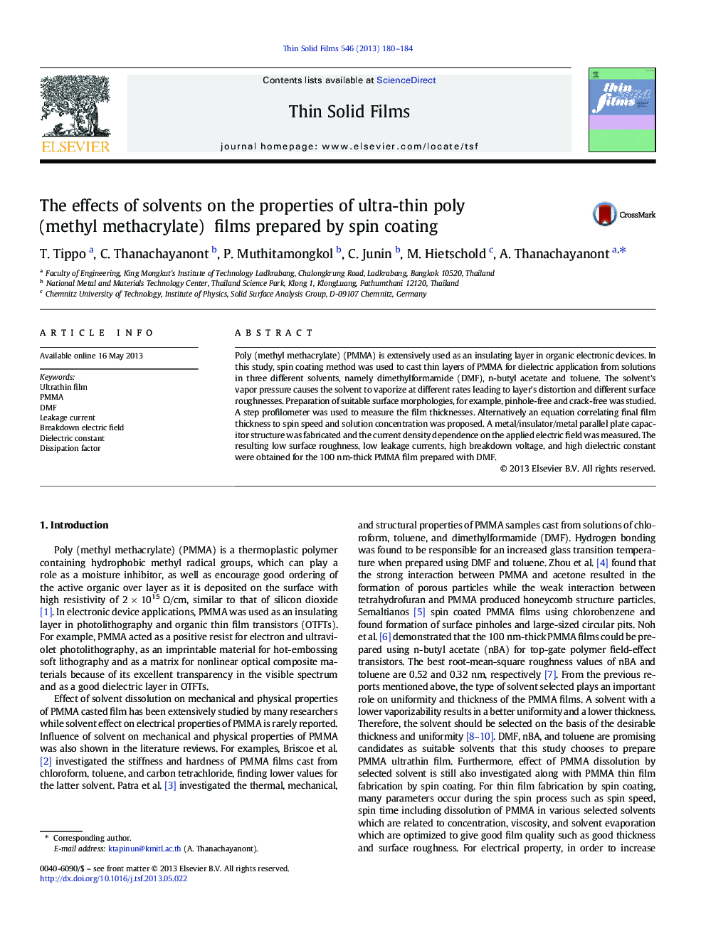 The effects of solvents on the properties of ultra-thin poly (methyl methacrylate) films prepared by spin coating