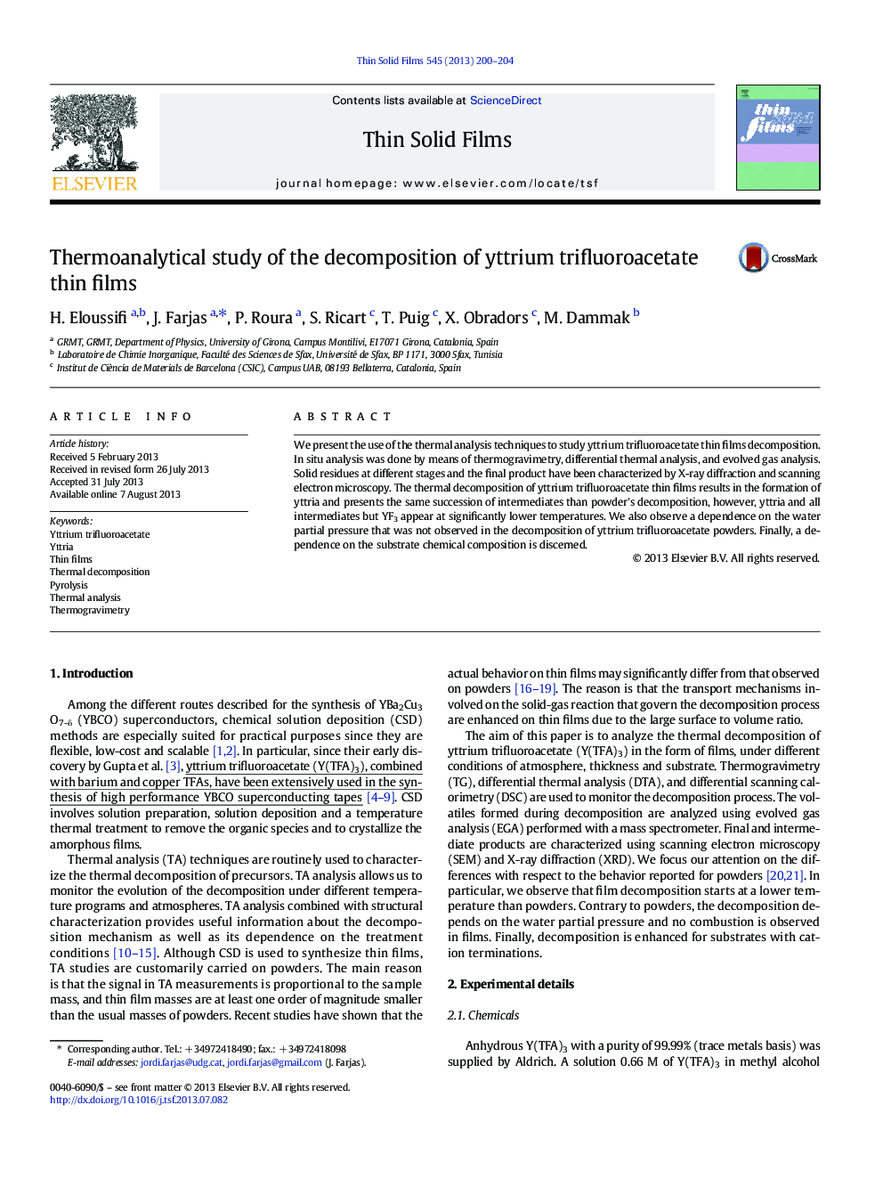 Thermoanalytical study of the decomposition of yttrium trifluoroacetate thin films