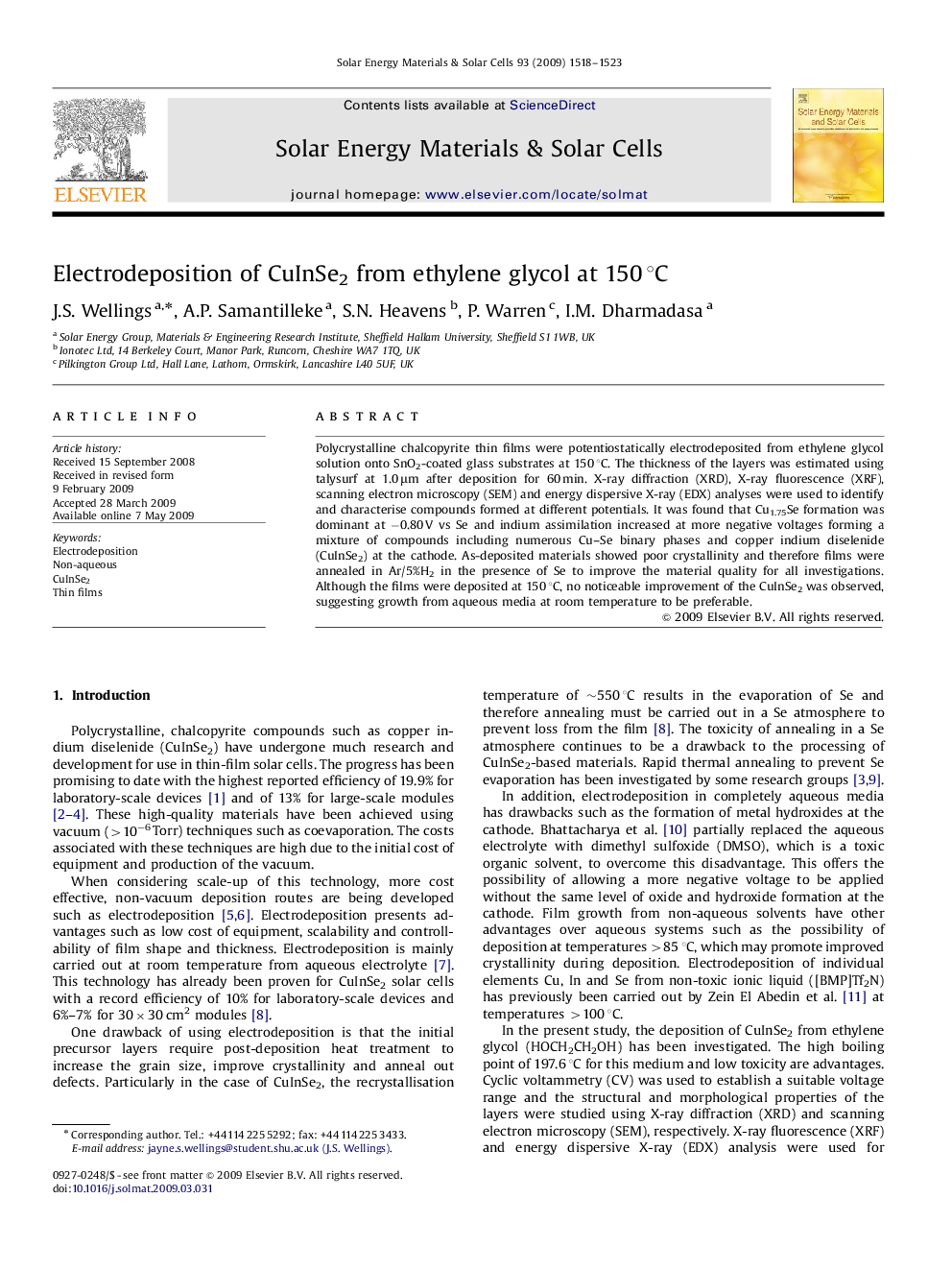 Electrodeposition of CuInSe2 from ethylene glycol at 150 °C