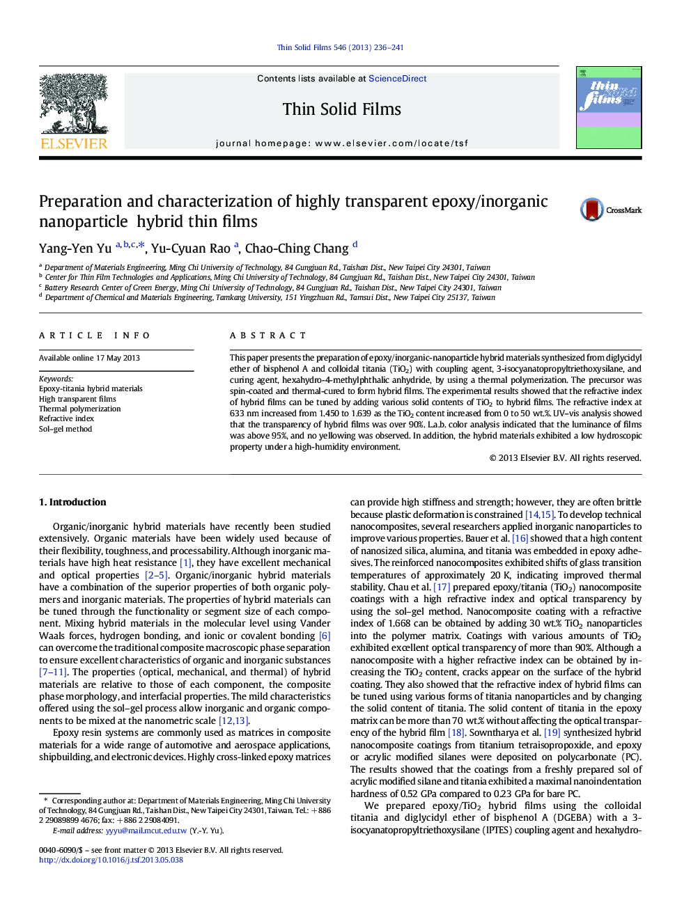 Preparation and characterization of highly transparent epoxy/inorganic nanoparticle hybrid thin films