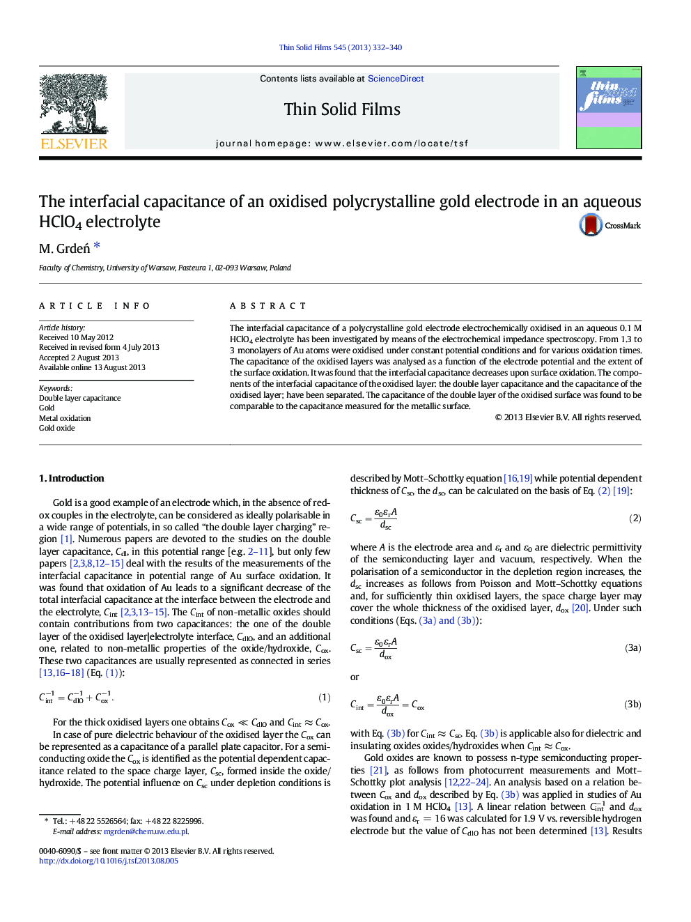 The interfacial capacitance of an oxidised polycrystalline gold electrode in an aqueous HClO4 electrolyte