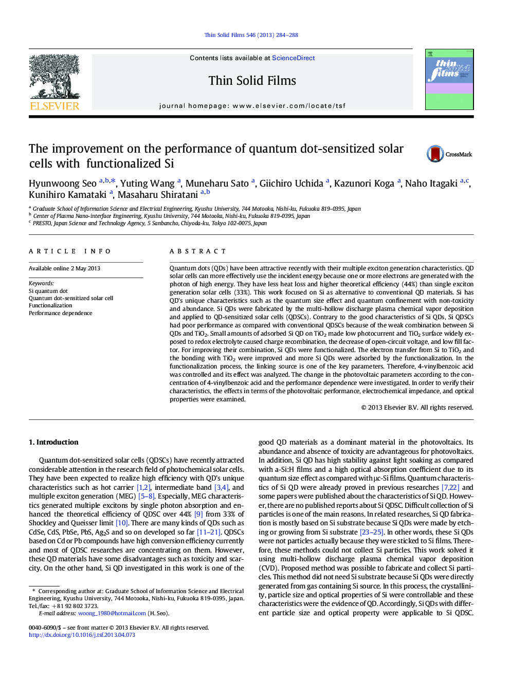 The improvement on the performance of quantum dot-sensitized solar cells with functionalized Si