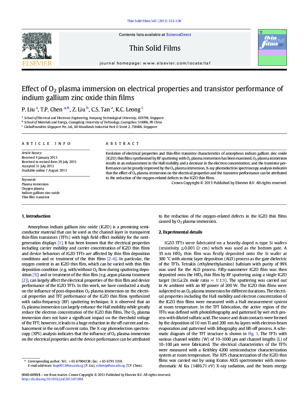 Effect of O2 plasma immersion on electrical properties and transistor performance of indium gallium zinc oxide thin films