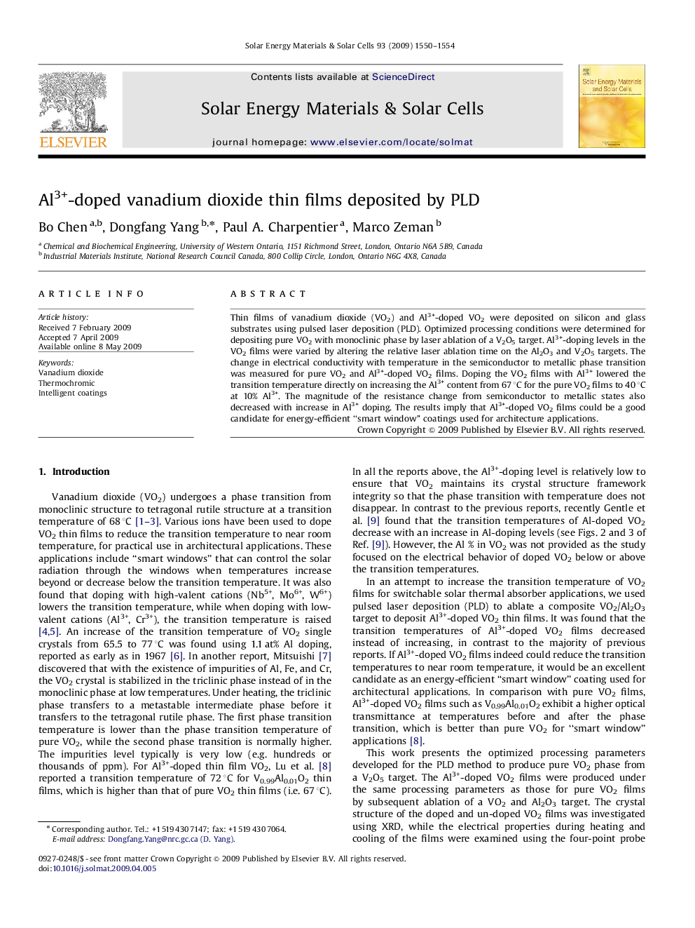 Al3+-doped vanadium dioxide thin films deposited by PLD