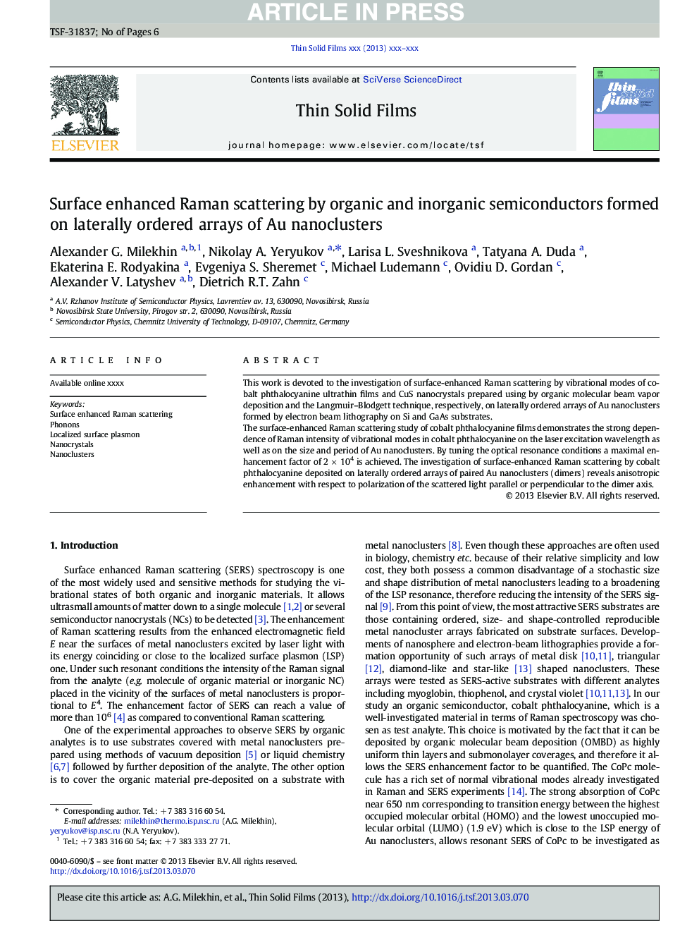 Surface enhanced Raman scattering by organic and inorganic semiconductors formed on laterally ordered arrays of Au nanoclusters