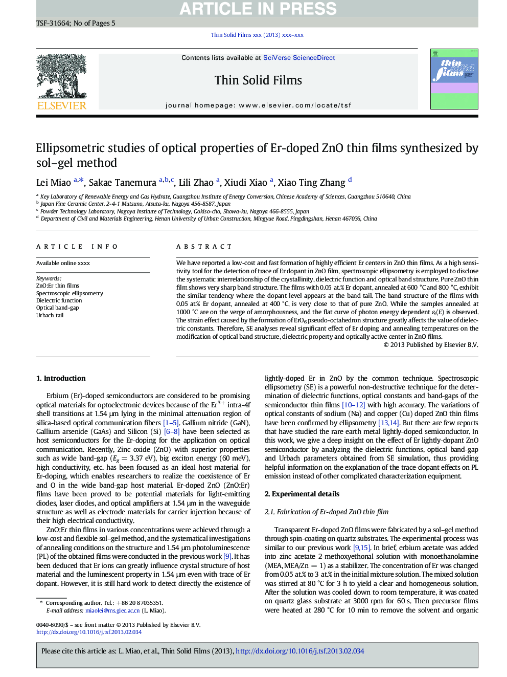 Ellipsometric studies of optical properties of Er-doped ZnO thin films synthesized by sol-gel method