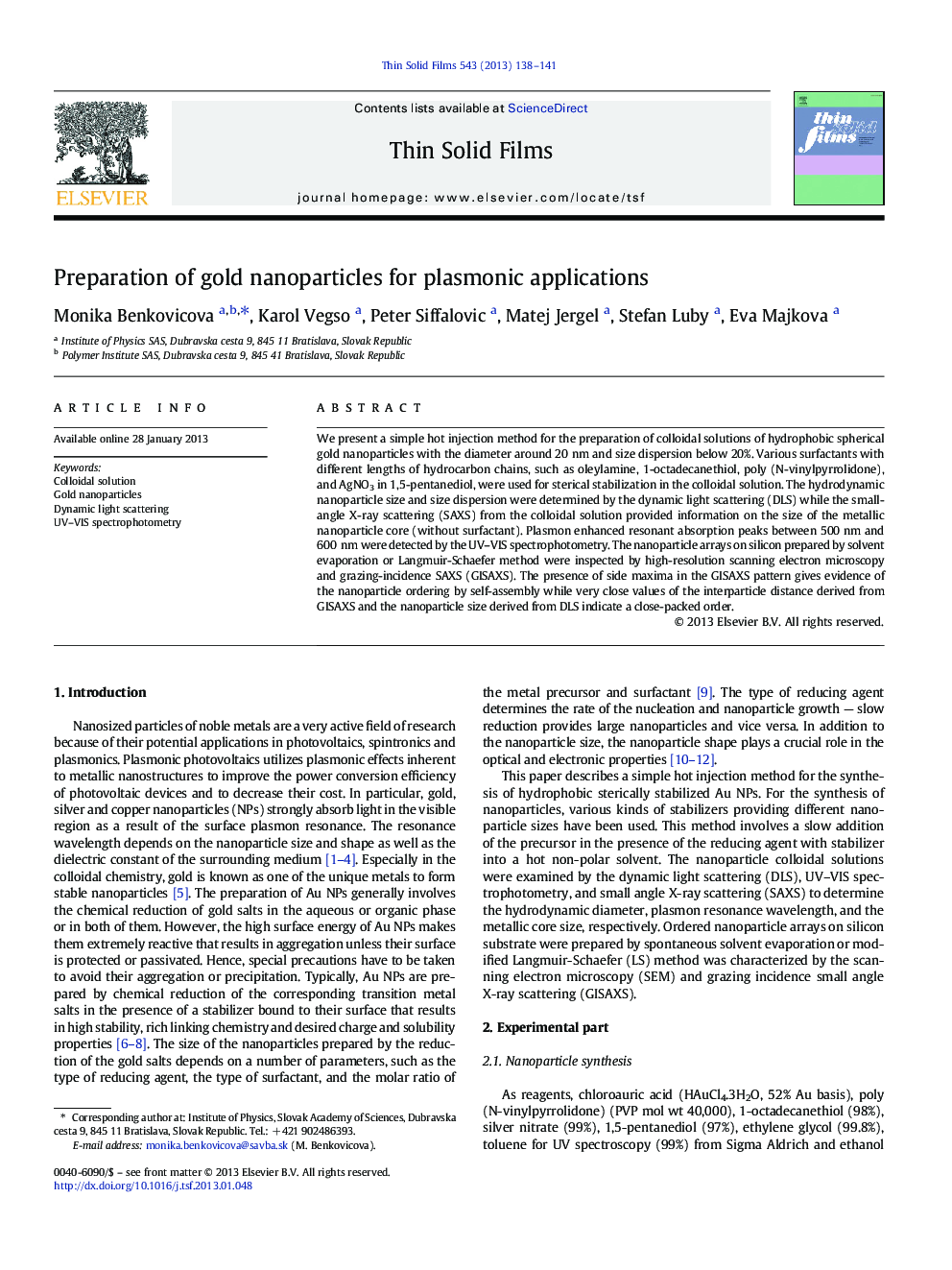 Preparation of gold nanoparticles for plasmonic applications