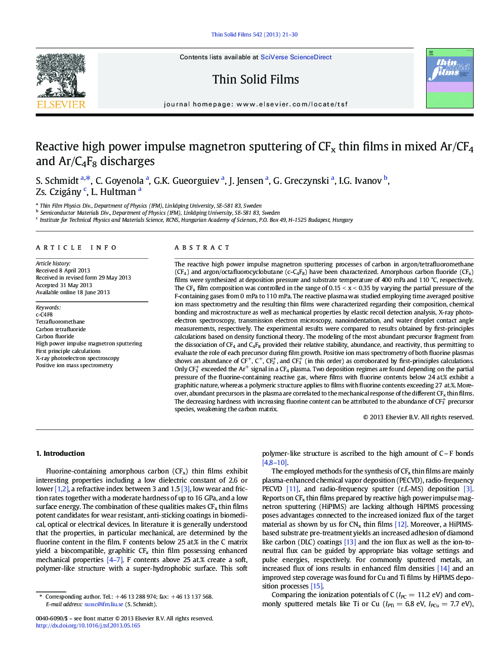 Reactive high power impulse magnetron sputtering of CFx thin films in mixed Ar/CF4 and Ar/C4F8 discharges