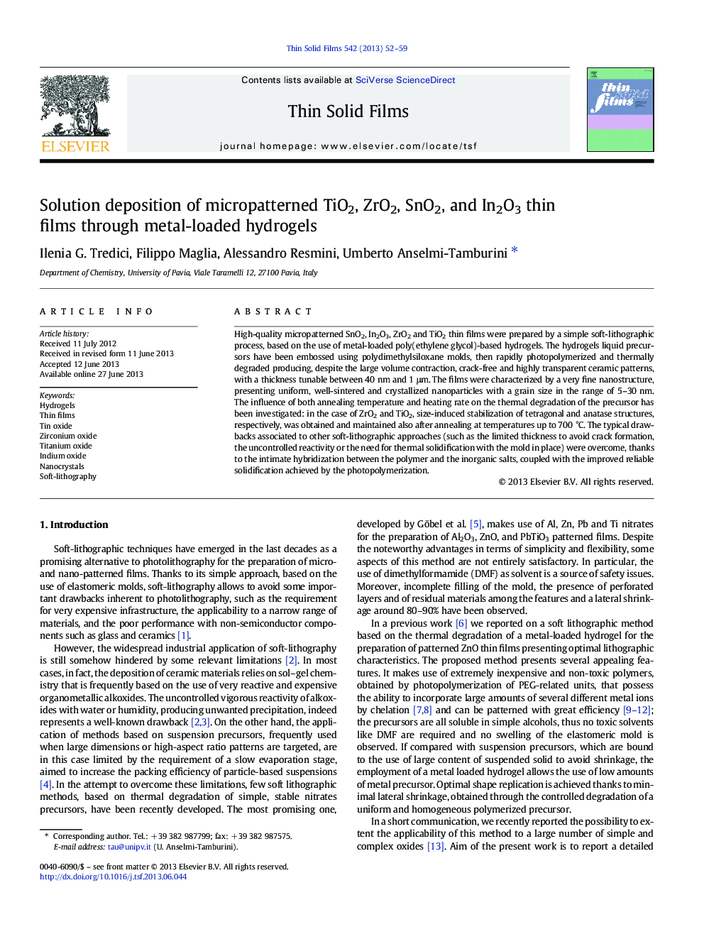 Solution deposition of micropatterned TiO2, ZrO2, SnO2, and In2O3 thin films through metal-loaded hydrogels