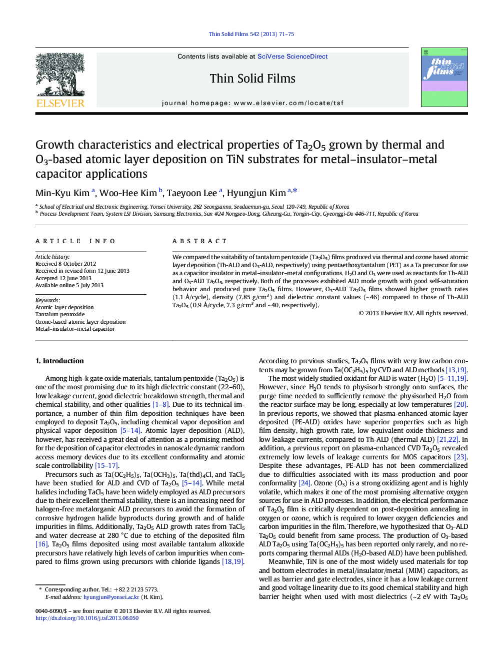 Growth characteristics and electrical properties of Ta2O5 grown by thermal and O3-based atomic layer deposition on TiN substrates for metal-insulator-metal capacitor applications