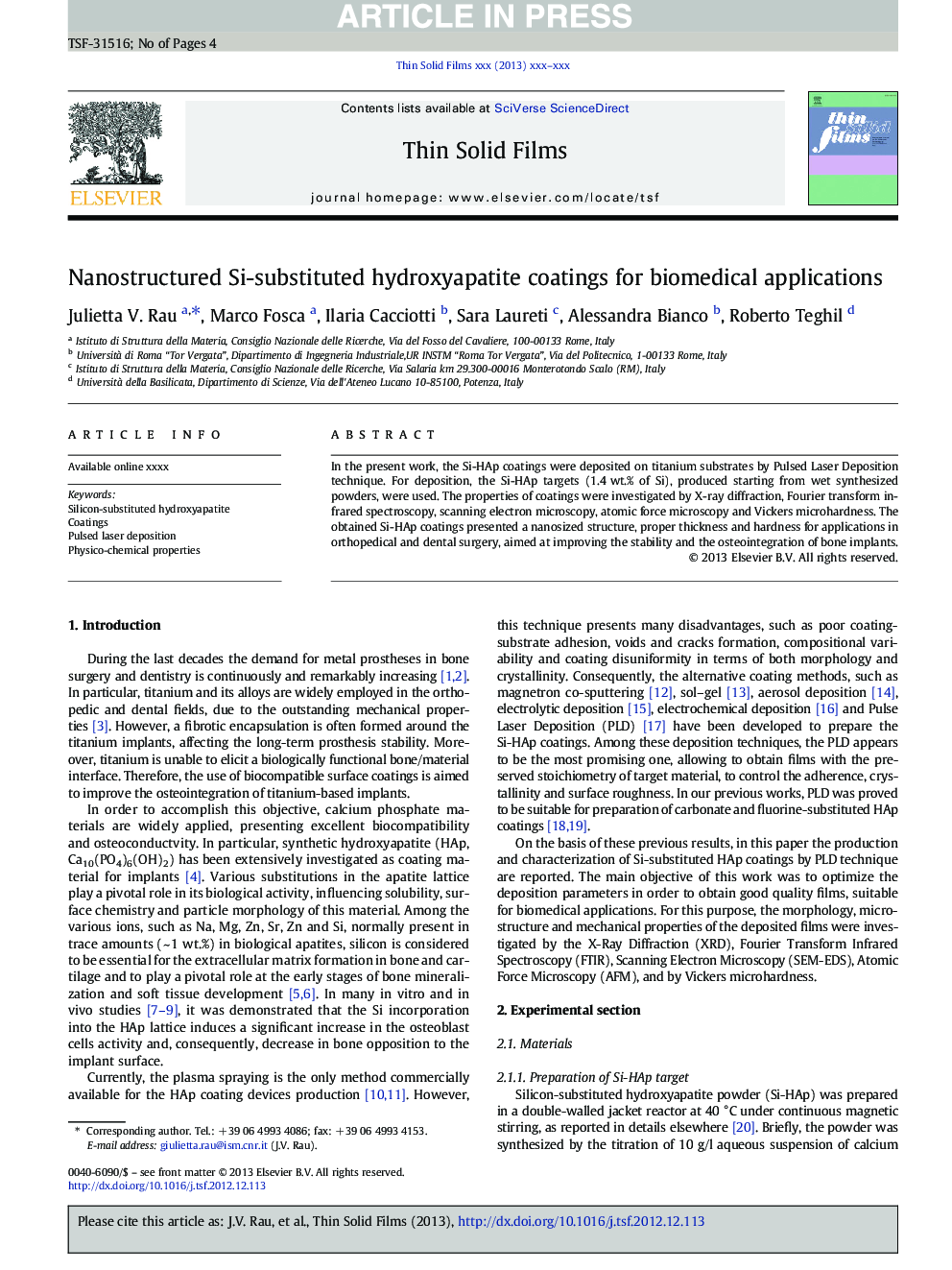 Nanostructured Si-substituted hydroxyapatite coatings for biomedical applications