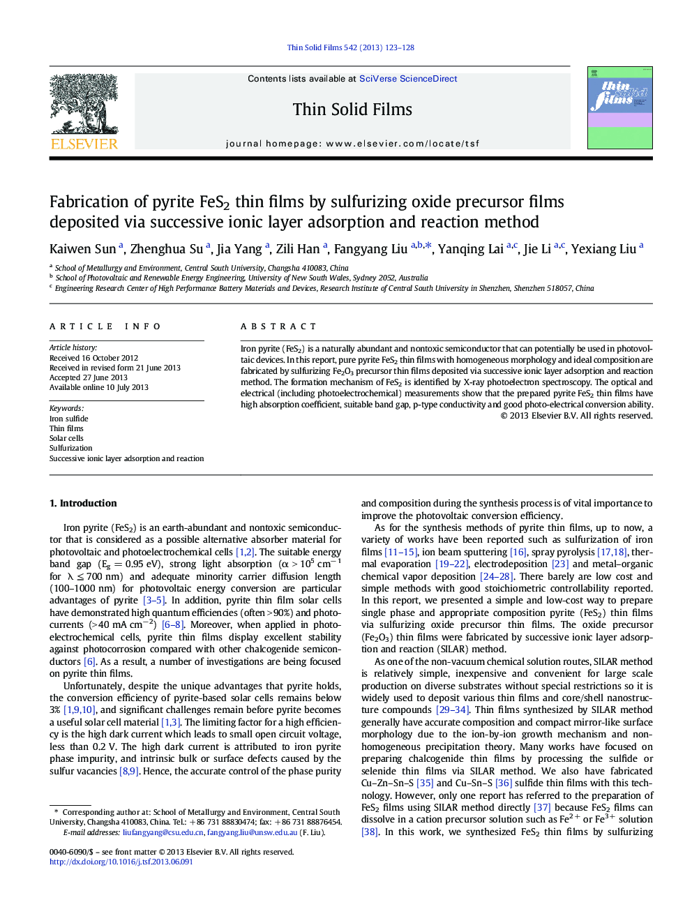 Fabrication of pyrite FeS2 thin films by sulfurizing oxide precursor films deposited via successive ionic layer adsorption and reaction method