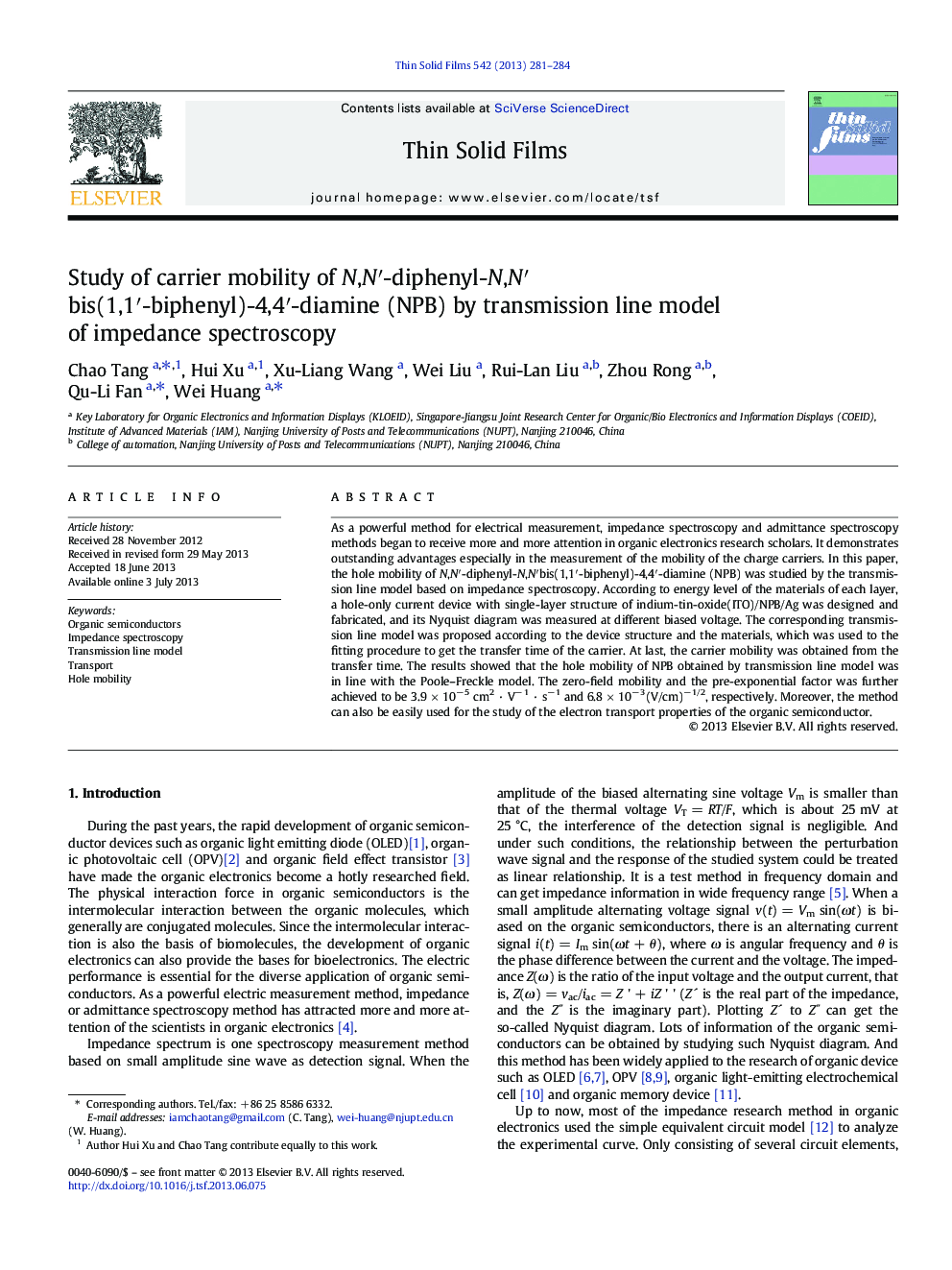 Study of carrier mobility of N,Nâ²-diphenyl-N,Nâ²bis(1,1â²-biphenyl)-4,4â²-diamine (NPB) by transmission line model of impedance spectroscopy