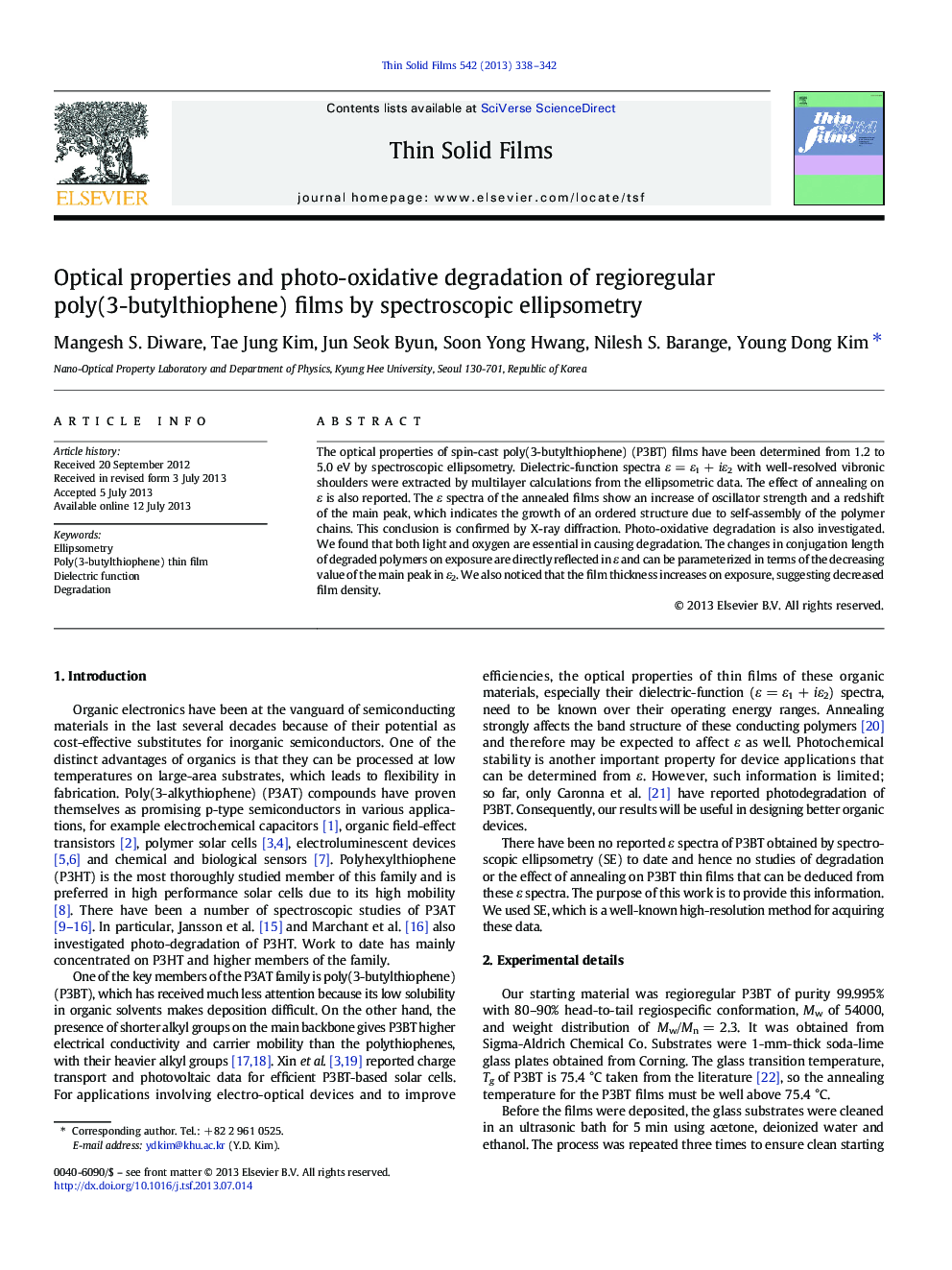 Optical properties and photo-oxidative degradation of regioregular poly(3-butylthiophene) films by spectroscopic ellipsometry