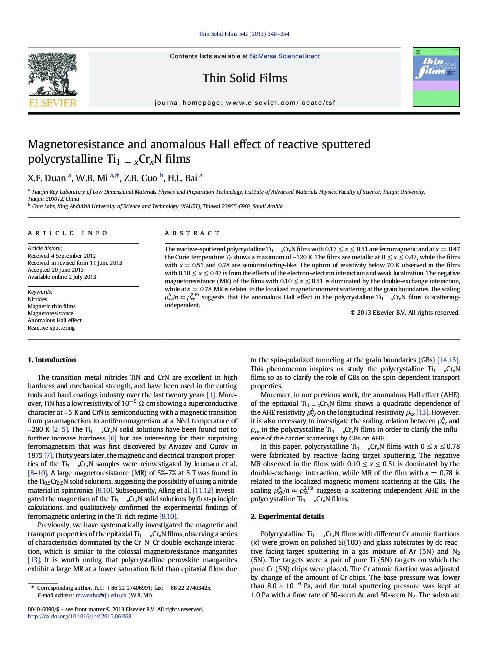 Magnetoresistance and anomalous Hall effect of reactive sputtered polycrystalline Ti1Â âÂ xCrxN films