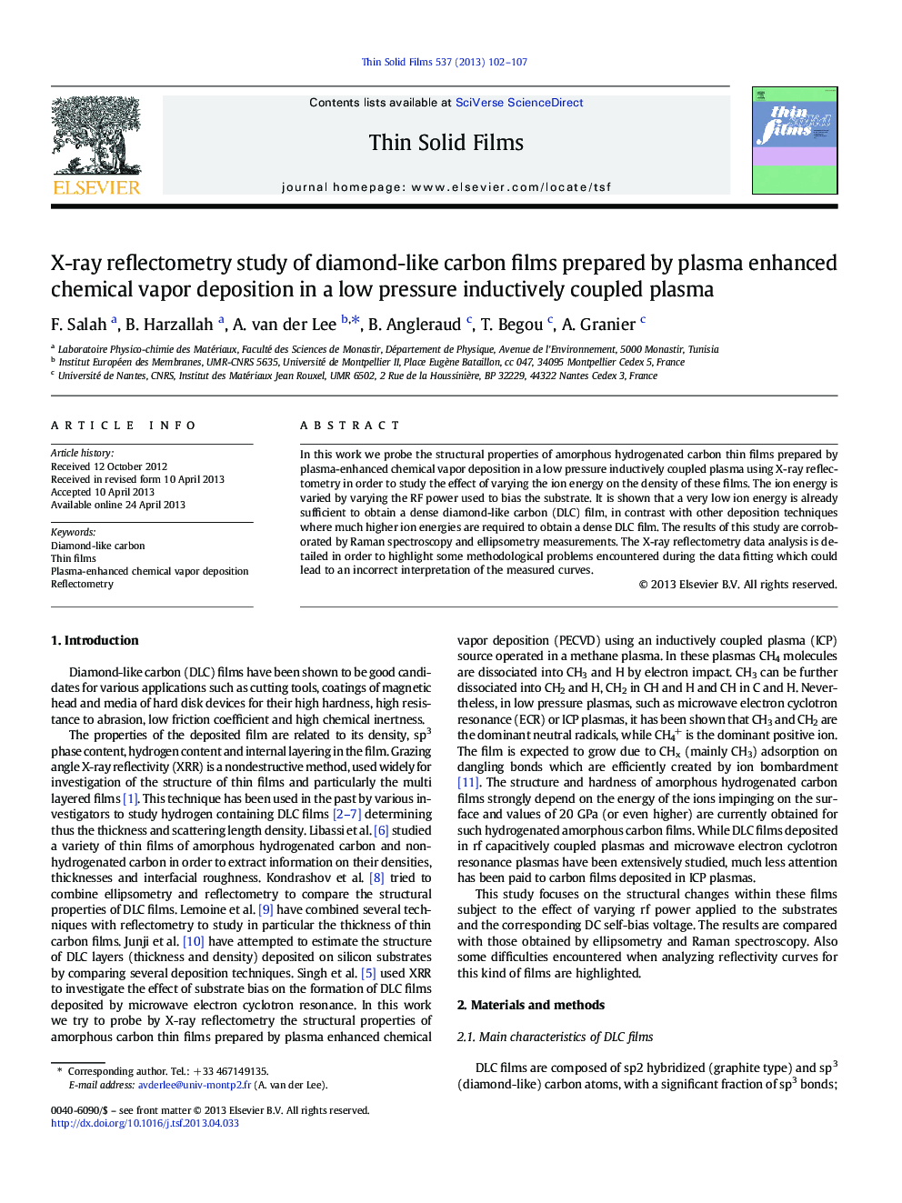 X-ray reflectometry study of diamond-like carbon films prepared by plasma enhanced chemical vapor deposition in a low pressure inductively coupled plasma