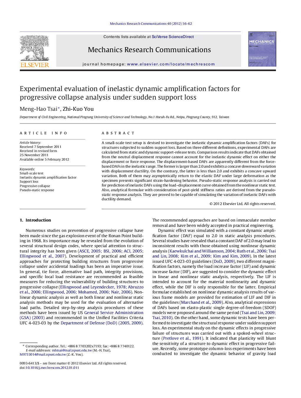 Experimental evaluation of inelastic dynamic amplification factors for progressive collapse analysis under sudden support loss