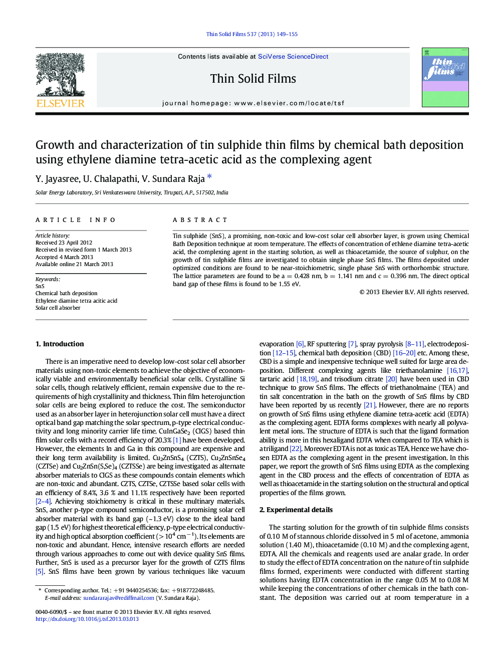 Growth and characterization of tin sulphide thin films by chemical bath deposition using ethylene diamine tetra-acetic acid as the complexing agent