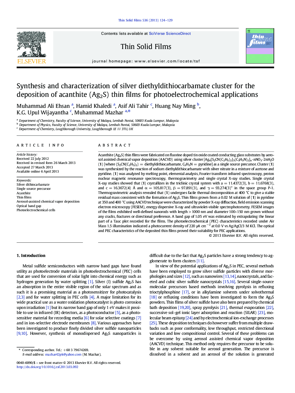 Synthesis and characterization of silver diethyldithiocarbamate cluster for the deposition of acanthite (Ag2S) thin films for photoelectrochemical applications